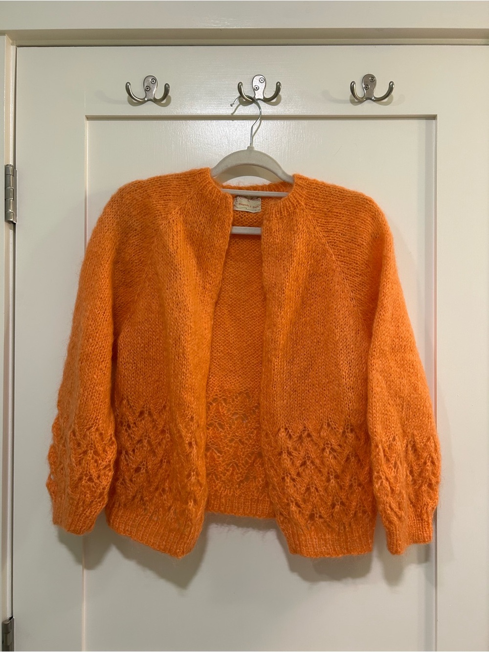 Hand Knit Orange Fuzzy Open Front Cardigan Lace Knit Balloon Sleeve Sweater S